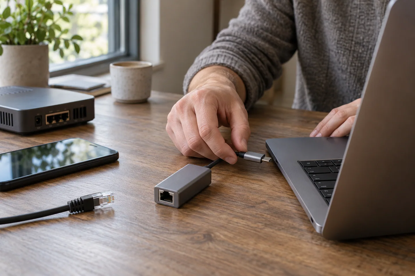 双手将USB-C网络转接器连接至笔记本,旁边有手机和家庭网关