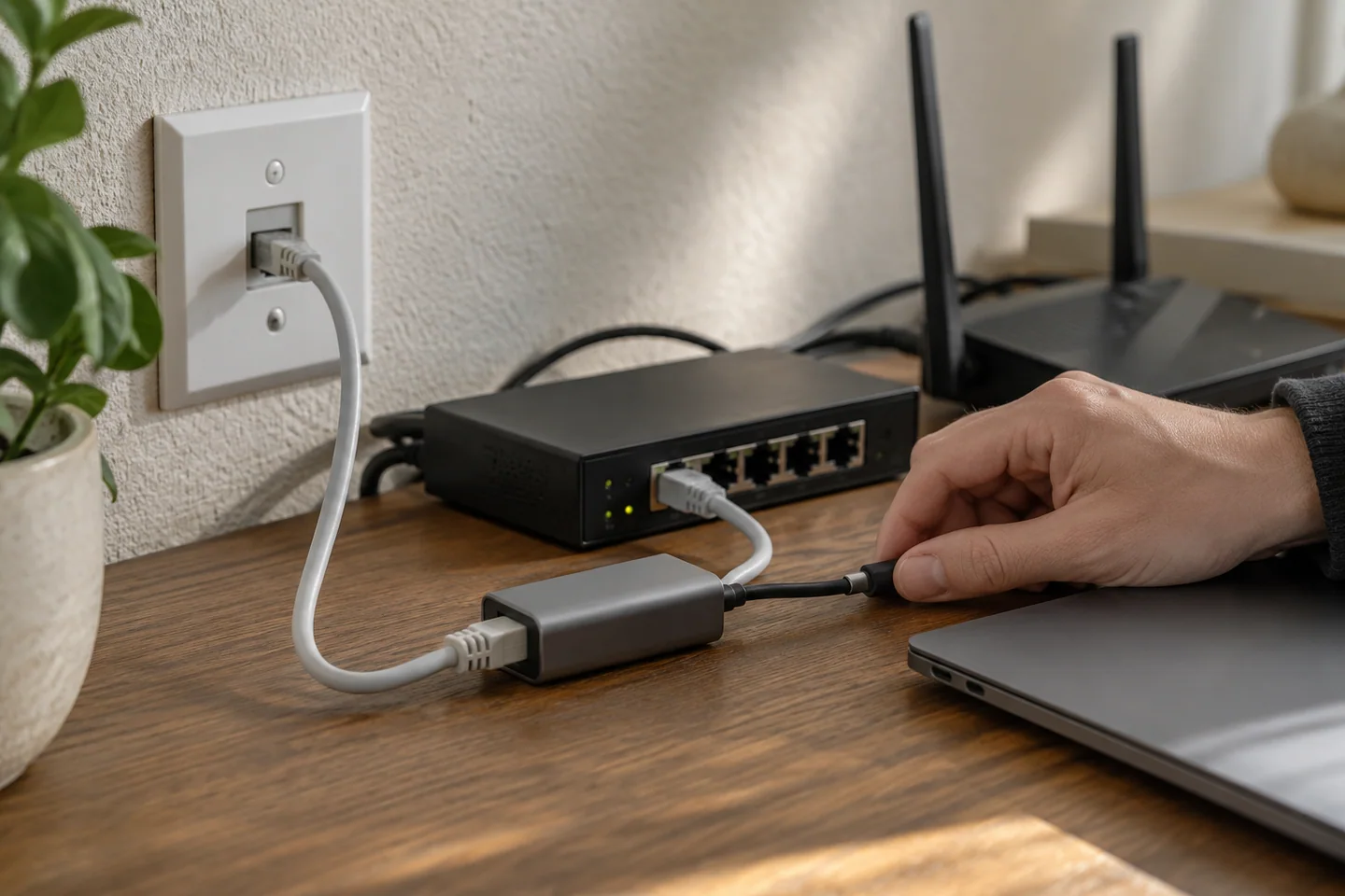 住宅墙面以太网接口、网线和USB-C网口转接器